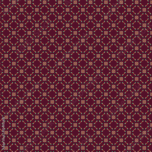 Dark red burgundy background Primitive modest abstract geometric fabric pattern with orange yellow cream green polka dots