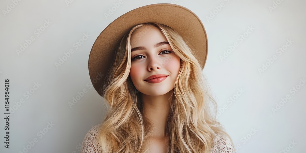 Portrait of a cute blonde girl wearing a stylish hat in a studio setting against a clean white background, showcasing her beauty and charm in a captivating manner. Portrait of a cute blonde girl wearing a stylish hat in a studio setting against a clean white background, showcasing her beauty and charm in a captivating manner.