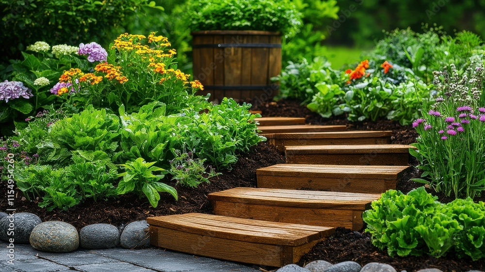 Fototapeta premium [Eco-friendly gardening Sustainable health permaculture] Tranquil Garden Stairway Escape Lush Greenery & Natural Ambiance.
