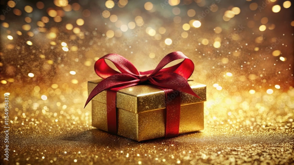 A Sparkling Golden Gift Box with a Rich Red Bow on a Glittery Surface A Sparkling Golden Gift Box with a Rich Red Bow on a Glittery Surface