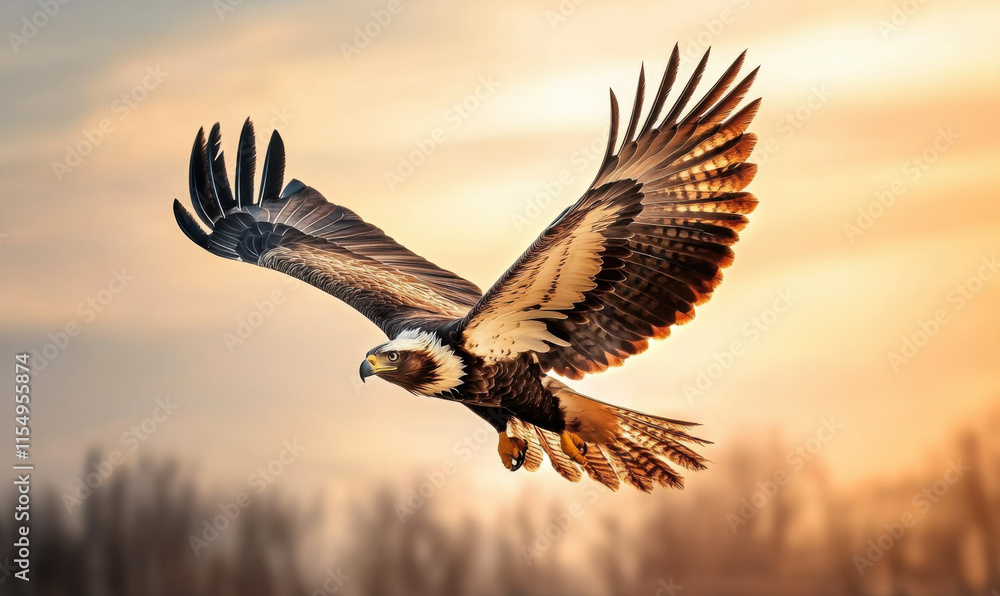 Fototapeta premium A white headed eagle flying in the clouds at the top of a high mountain