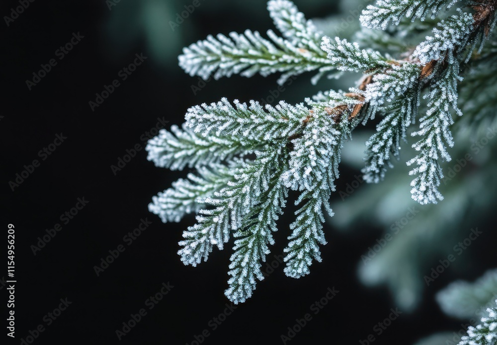 Frost-covered evergreen branch with intricate details of icy crystals showcasing the beauty of winter nature in a serene and tranquil environment Frost-covered evergreen branch with intricate details of icy crystals showcasing the beauty of winter nature in a serene and tranquil environment