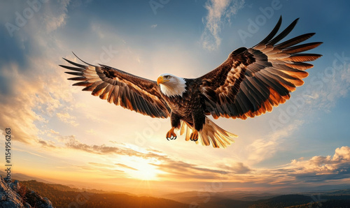 Wallpaper Mural A white headed eagle flying in the clouds at the top of a high mountain Torontodigital.ca