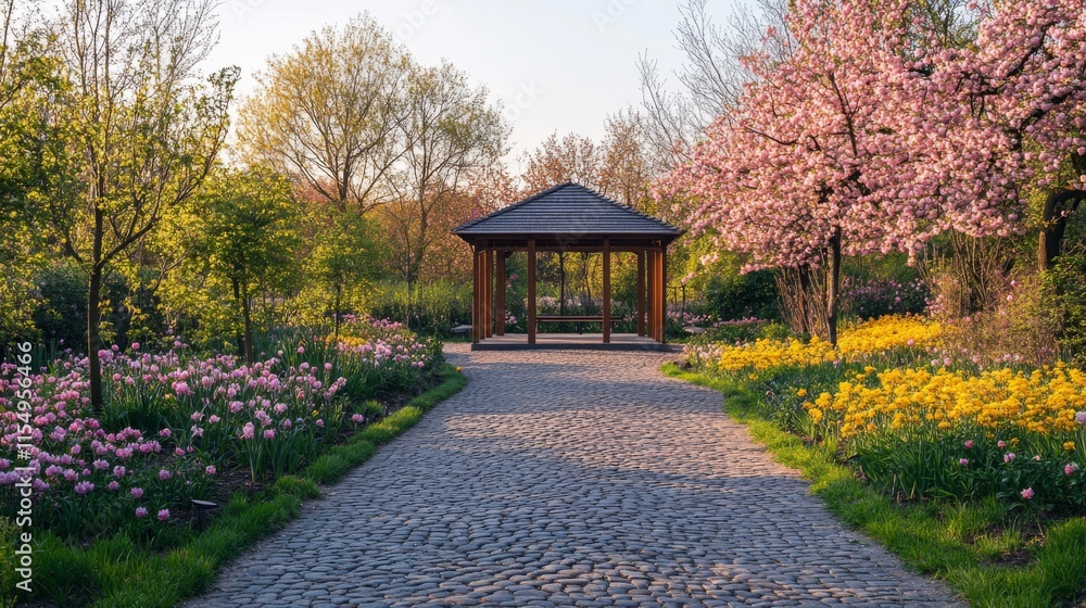 Garden Pavilion Pathway Spring Blossoms Tulips Daffodils Garden Pavilion Pathway Spring Blossoms Tulips Daffodils