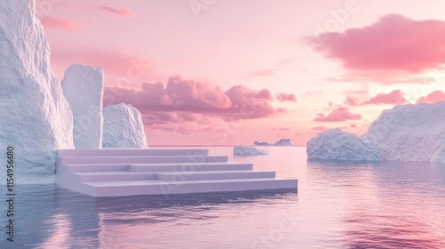 Minimalist podium on crystal-clear water with distant polar ice caps under a soft pink sky  photo