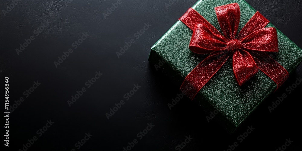 Gift wrapped in shiny green paper with a bright red bow placed on a dark surface ready for the holidays Gift wrapped in shiny green paper with a bright red bow placed on a dark surface ready for the holidays