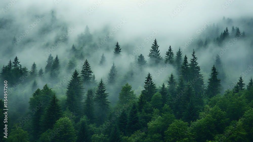 Misty Forest Landscape. Nature, tranquility, green trees, fog. Misty Forest Landscape. Nature, tranquility, green trees, fog.