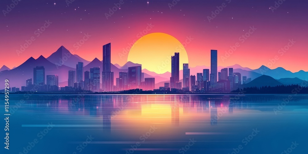 Fototapeta premium Concept of business success, routes leading to cities and mountains, bright beach views, happiness and achievement in entrepreneurship, nighttime city skyline, and sunset landscapes.
