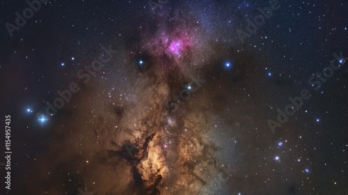 Panorama of the night sky in the southern hemisphere featuring the Southern Cross, Centaurus pointer stars, and the captivating Eta Carinae nebula in stunning detail. photo