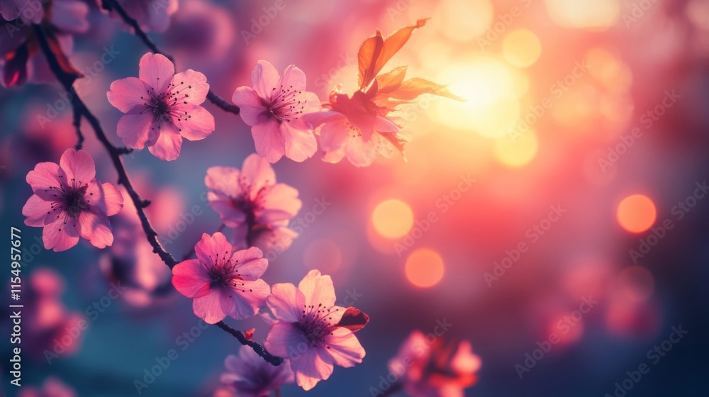 Pink Cherry Blossoms Illuminated By Sunset Glow Pink Cherry Blossoms Illuminated By Sunset Glow