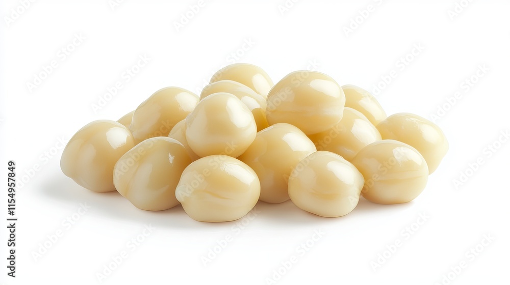 Chickpeas (Cicer arietinum): A neat pile of raw chickpeas with their smooth, round texture and creamy beige color, placed on a clean white background Chickpeas (Cicer arietinum): A neat pile of raw chickpeas with their smooth, round texture and creamy beige color, placed on a clean white background