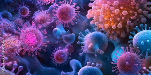 Viruses are examined under a microscope, showcasing bacteria molecules and utilizing advanced electron microscopy. This study of virus pathogens emphasizes the science of virology and bacteriology in