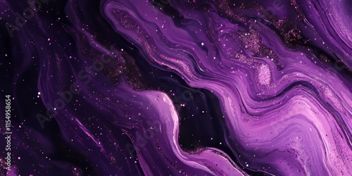 Liquid paint and sparkling glitter blend to create a fluid background, featuring cosmic purple artistic elements that enhance the visual experience.