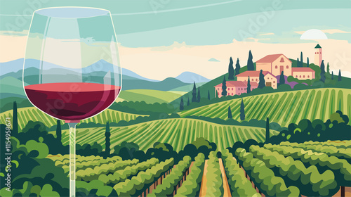 Vineyard Landscape in Wine Glass Flat Vector Illustration