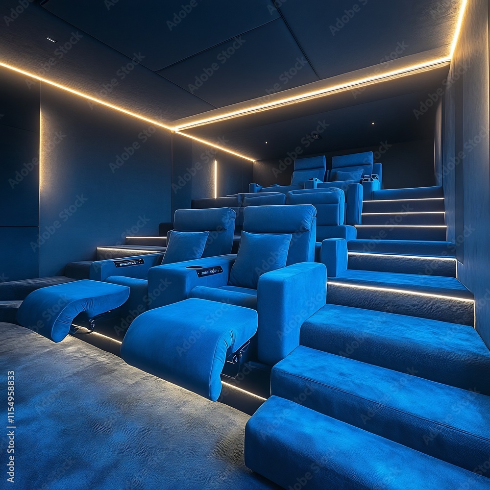 Fototapeta premium Luxurious Blue Lit Cinema Theater with Comfortable Lounge Seating
