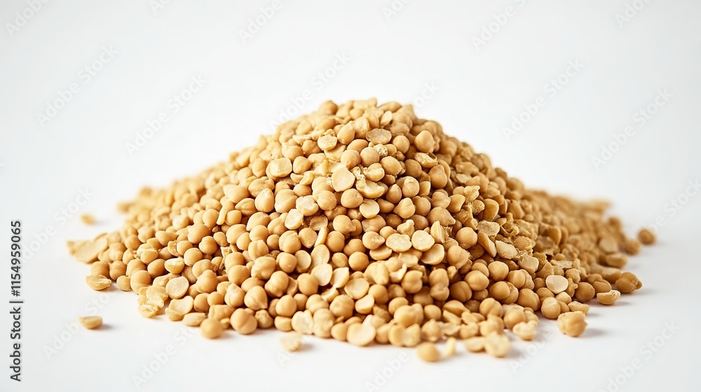Chana Dal (Split Chickpeas): A mound of chana dal, split yellow chickpeas with a smooth, flat surface, placed on a white background. Chana Dal (Split Chickpeas): A mound of chana dal, split yellow chickpeas with a smooth, flat surface, placed on a white background.