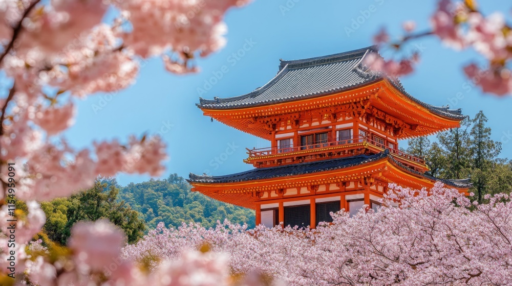 Japanese Pagoda Surrounded By Beautiful Cherry Blossoms