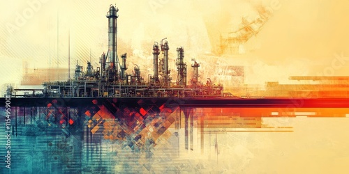 A conceptual abstract depiction of the energy sector, focusing on the petroleum and gas industry, showcasing various ideas related to energy production and resources.