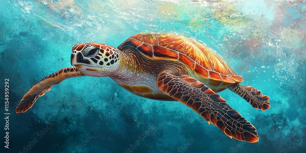 Fototapeta premium Digital art featuring a sea turtle swimming gracefully in the ocean showcases the vibrant beauty of marine life. This sea turtle artwork highlights the enchanting charm of oceanic environments.