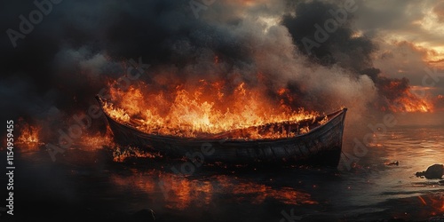 Wallpaper Mural Evening scene features a boat engulfed by flames and smoke. The striking image depicts a boat caught amidst fire and smoke as dusk falls. Torontodigital.ca