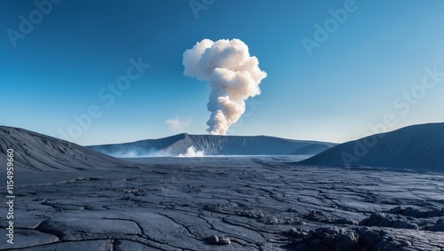 Volcanic landscape with hardened lava fields and a smoking crater in the distance photo