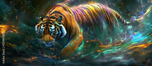 A majestic tiger strides through iridescent, swirling waters, its stripes shimmering with vibrant, otherworldly light. photo