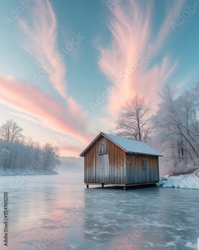 Rustic wooden lakeside boathouse on a frozen lake under a vibrant winter sky photo