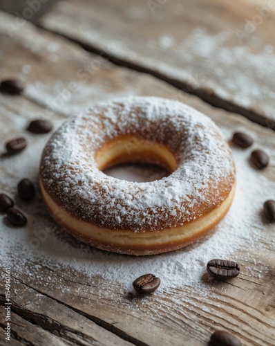 Sweet caramel donut with powdered sugar and coffee beans on rustic wood photo