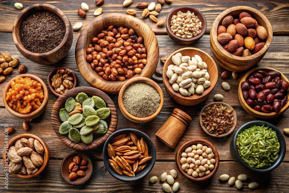 A variety of nuts and seeds are displayed in wooden bowls on a wooden table