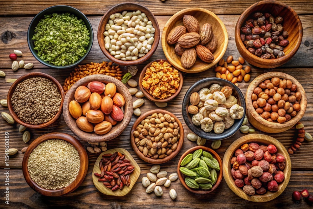 A variety of nuts and seeds are displayed in wooden bowls on a wooden table A variety of nuts and seeds are displayed in wooden bowls on a wooden table
