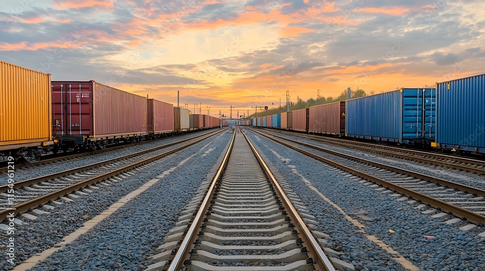 Freight train with containers at sunset. Concept of global trade and logistics. Freight train with containers at sunset. Concept of global trade and logistics.