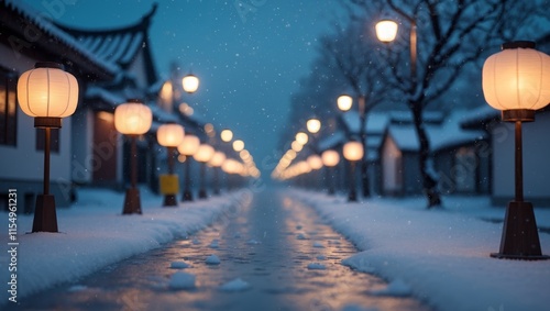 Illuminated street with glowing lanterns during winter evening photo