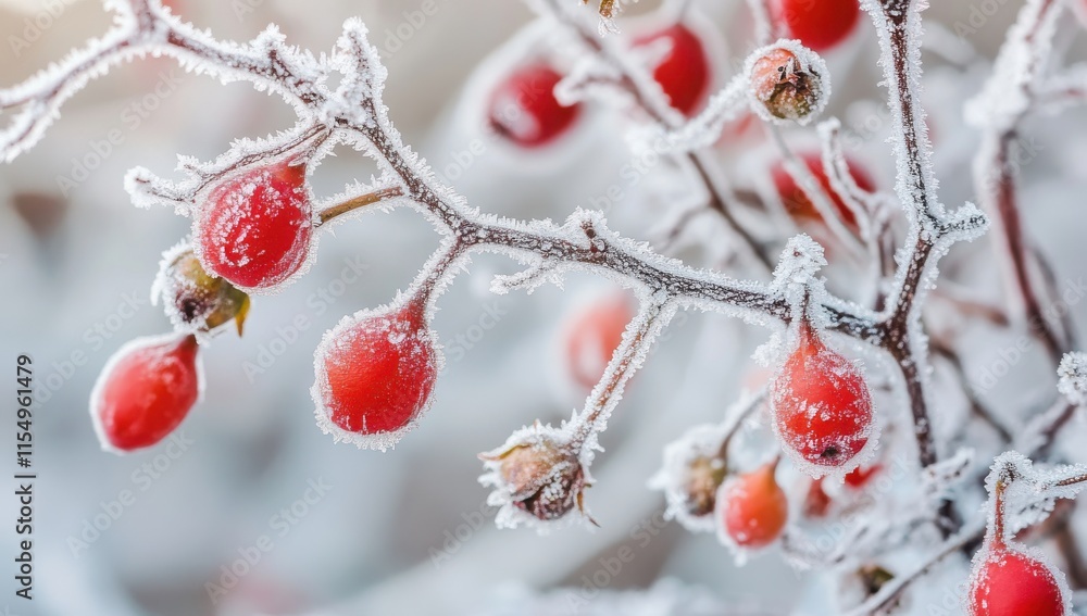 Frosty Red Berries on a Branch Glimmering with Ice Crystals in a Winter Wonderland Landscape Captured in Soft Natural Light and Blur Background Frosty Red Berries on a Branch Glimmering with Ice Crystals in a Winter Wonderland Landscape Captured in Soft Natural Light and Blur Background
