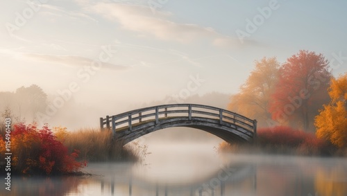 Serene landscape featuring a wooden bridge over misty water with autumn foliage photo