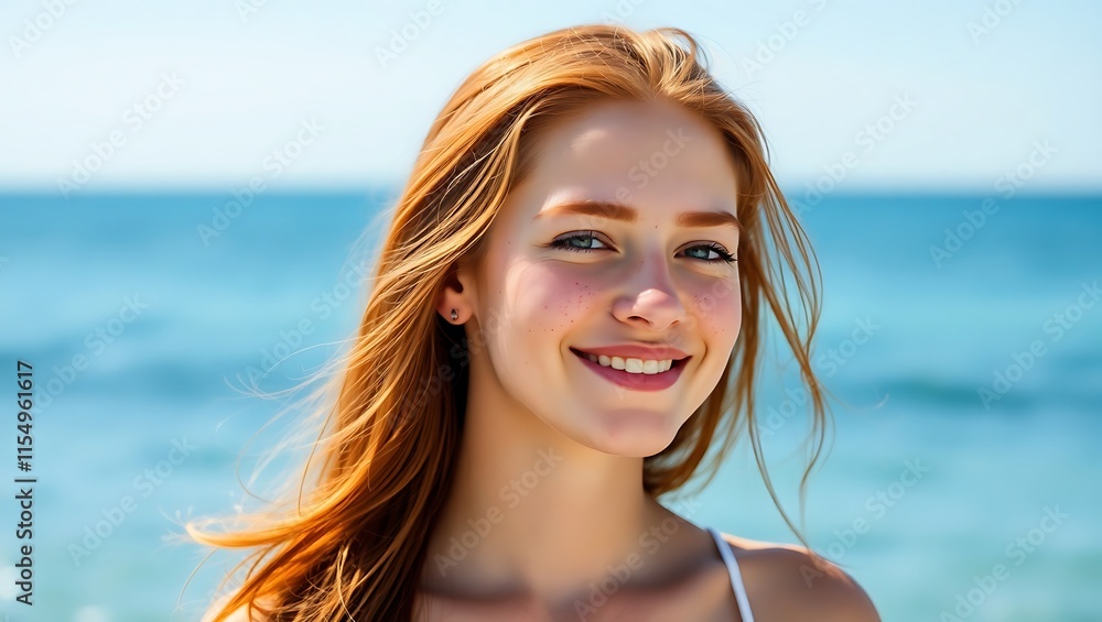 Portrait of a young woman with red hair and freckles by the sea. Portrait of a young woman with red hair and freckles by the sea.
