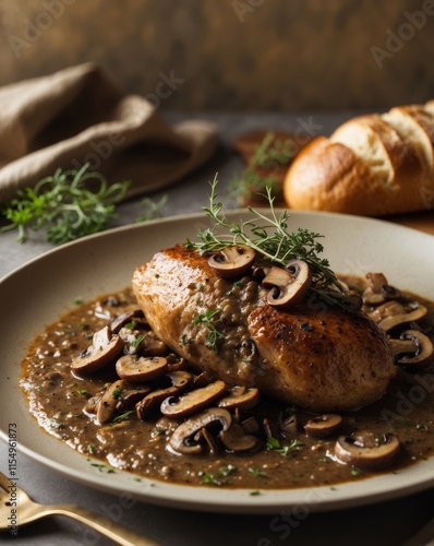 Savoring pheasant breast with wild mushroom sauce rustic roots culinary adventure cozy kitchen gourmet dish photo