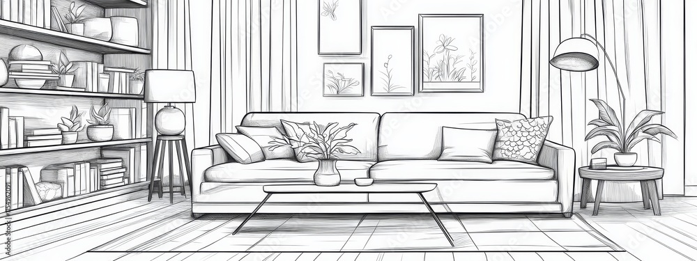 Sketch of a living room with sofa, coffee table, bookcase, and plants. Sketch of a living room with sofa, coffee table, bookcase, and plants.