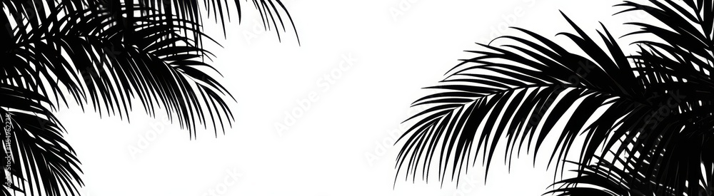 Black and white silhouette of palm tree leaves on a white background.
