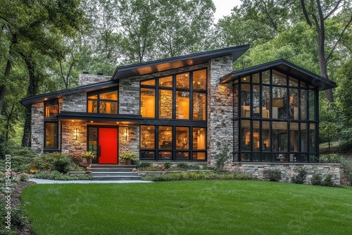 Modernist home in St. Louis with stone walls, glass accents, red door, large windows, green lawn, shaded by trees, warm ambient lighting at night, mid-century design with contemporary aesthetics, invi photo