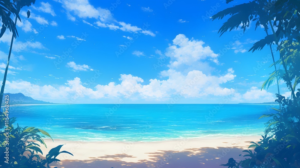 Tropical beach with clear skies and soft waves, serene setting. Manga anime style.