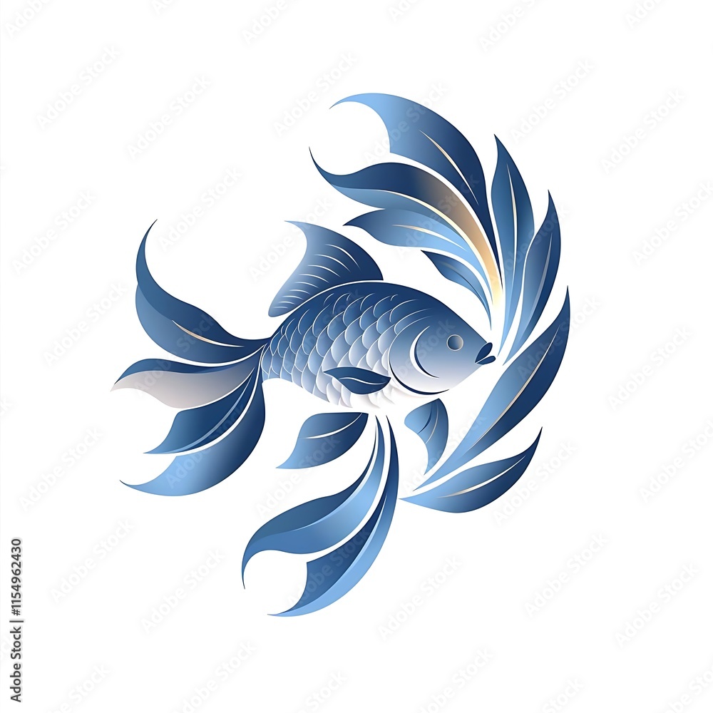 Stylized blue fish with ornate flowing fins and leaves. Stylized blue fish with ornate flowing fins and leaves.