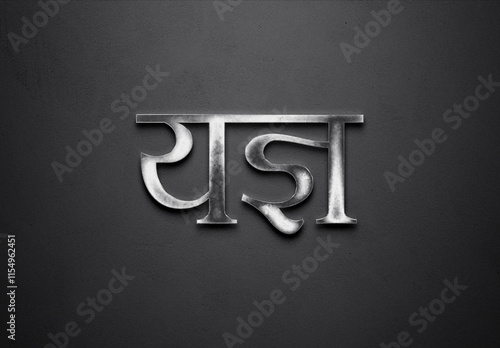 Chrome metal 3D Hindi name design of Yagya on grey background in Hindi.