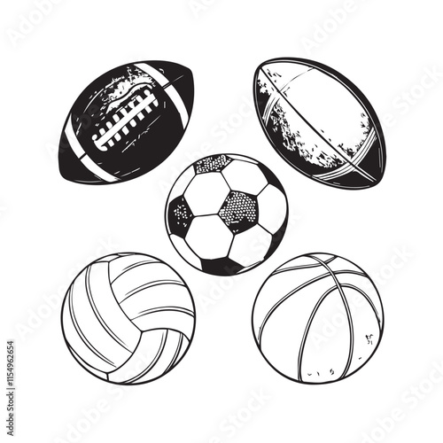 Set of sport ball vector collection isolated on white background. black Vector illustration. American Football, soccer, basketball, volleyball. Line style