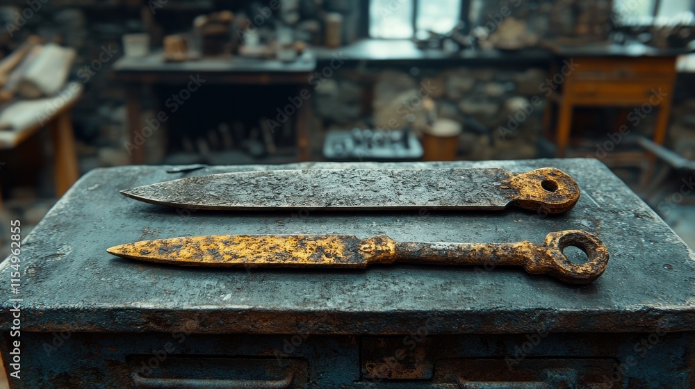 Forging ancient blades artisan workshop metalwork rustic environment close-up craftsmanship Forging ancient blades artisan workshop metalwork rustic environment close-up craftsmanship