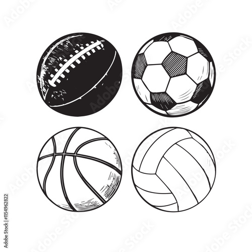 Set of sport ball vector collection isolated on white background. black Vector illustration. American Football, soccer, basketball, volleyball. Line style