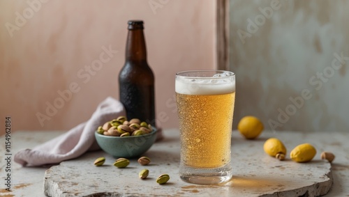 Refreshing light beer served with roasted pistachios at a casual gathering
