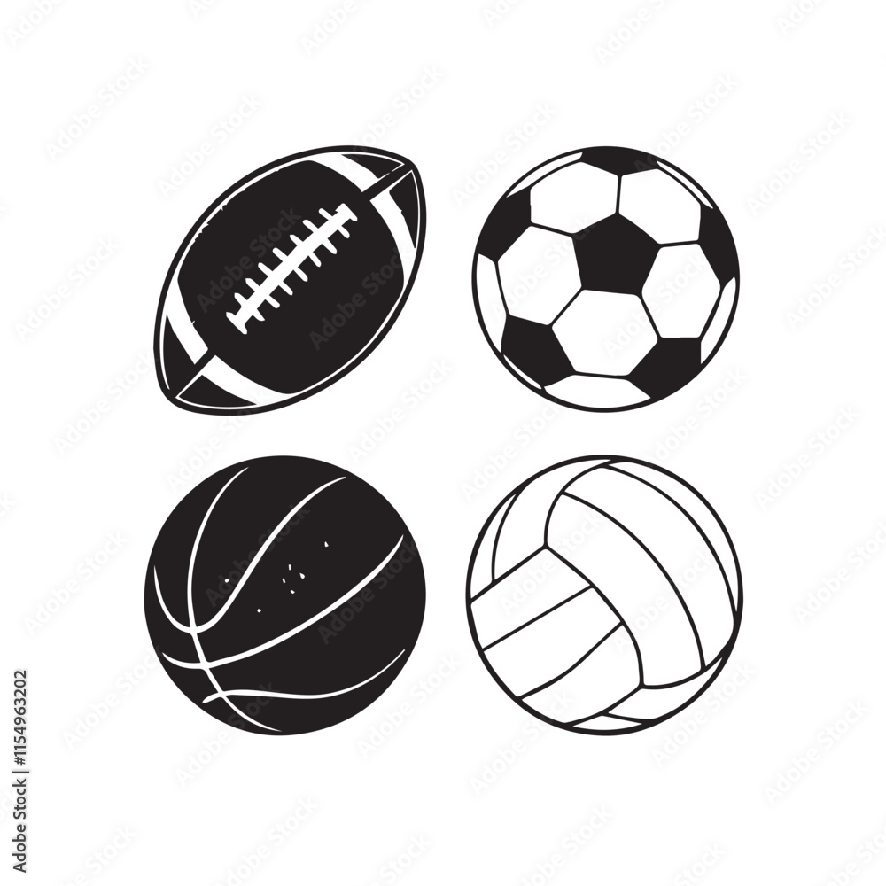 Set of sport ball vector collection isolated on white background. black Vector illustration. American Football, soccer, basketball, volleyball. Line style Set of sport ball vector collection isolated on white background. black Vector illustration. American Football, soccer, basketball, volleyball. Line style