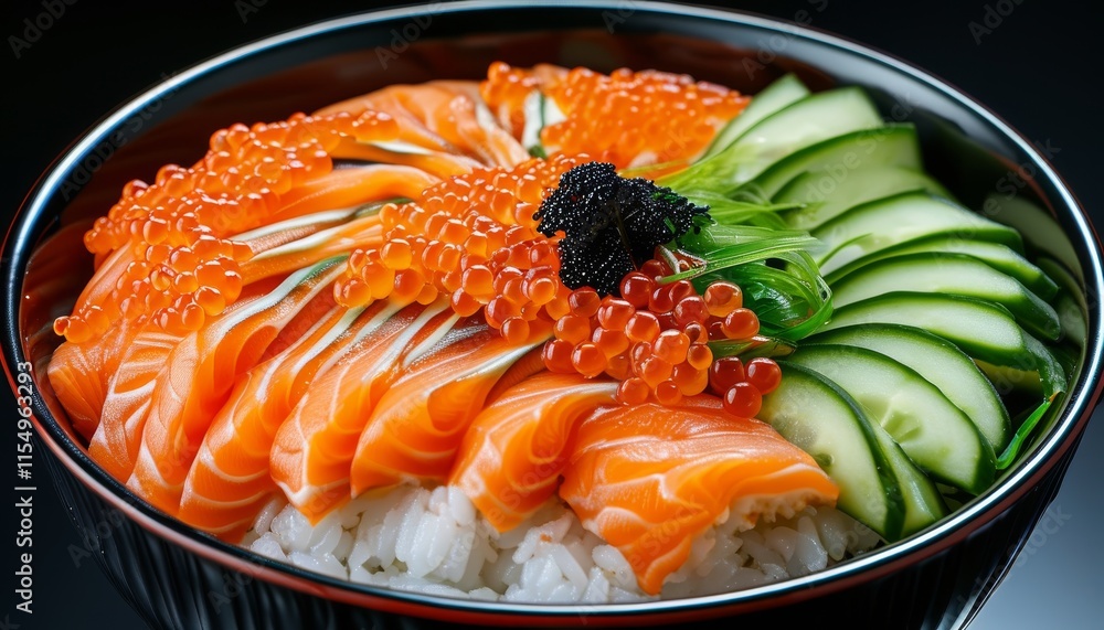 Delicious Sushi Bowl with Fresh Salmon, Toppings, and Rice Artfully Presented in Japan Delicious Sushi Bowl with Fresh Salmon, Toppings, and Rice Artfully Presented in Japan