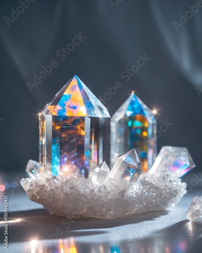 Sparkling Crystals Glimmering with Light and Color Reflections photo