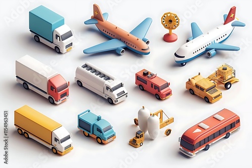 Isometric view of various transportation vehicles and airport equipment, including airplanes, trucks, buses, and other service vehicles. photo